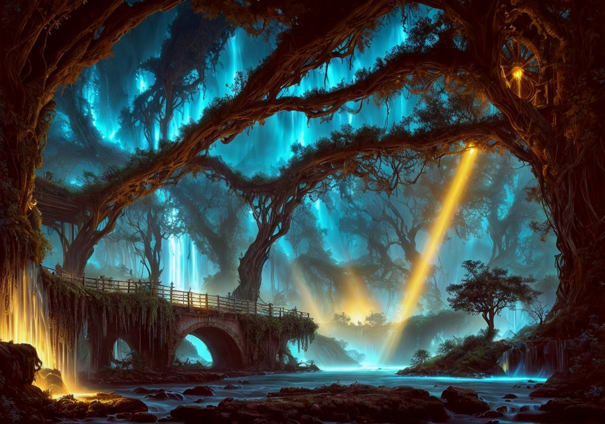 Enchanted Forest with Glowing Blue Lights and Bridge