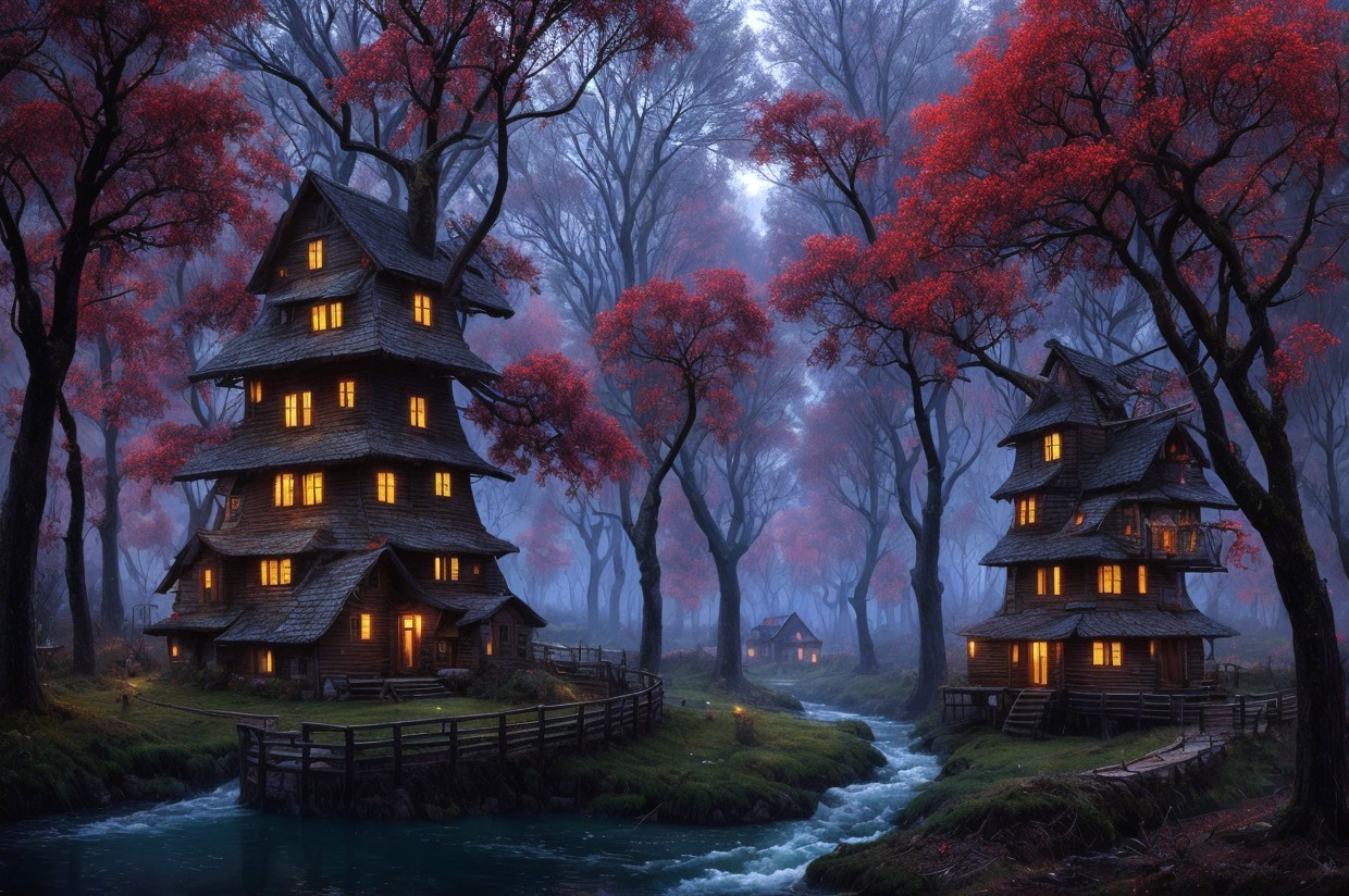 Mystical village at twilight with red trees and foggy landscape