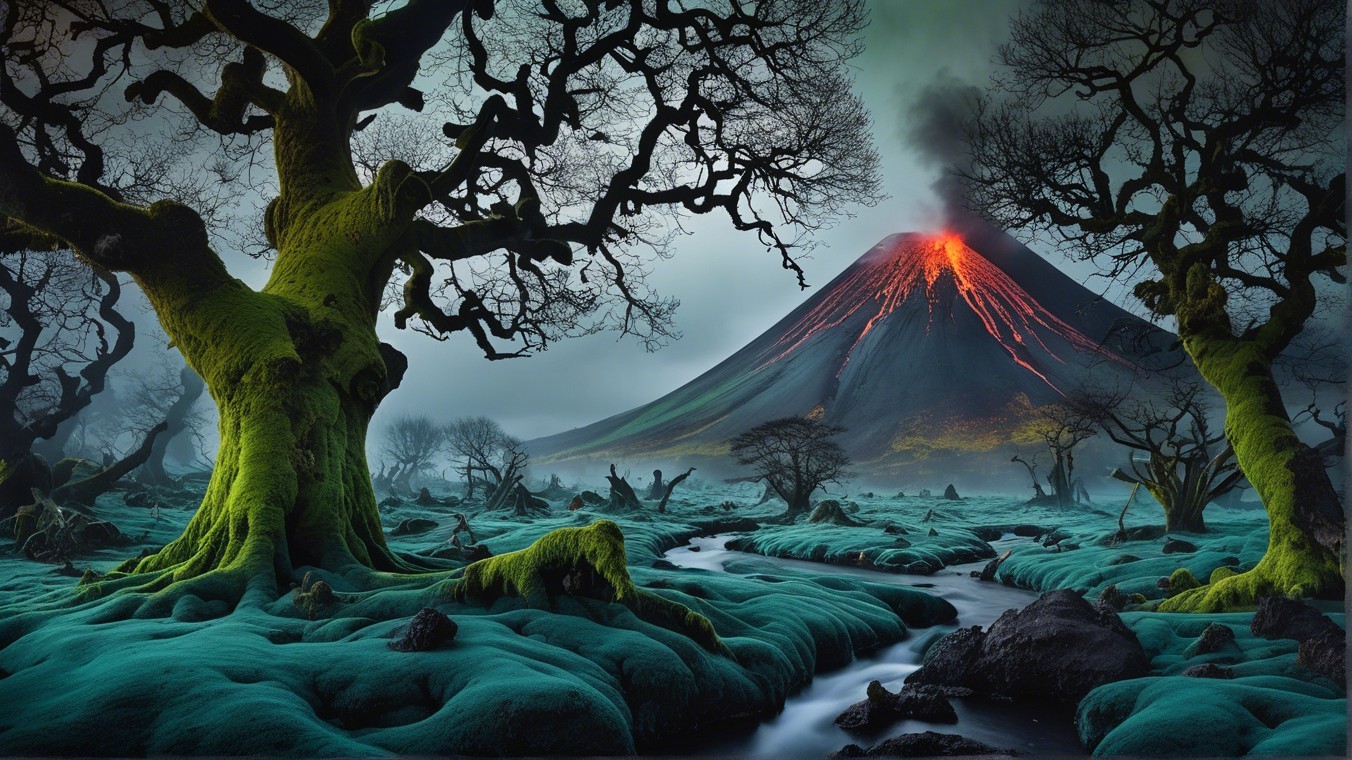 Erupting Volcano Amidst Ancient Trees and Stream