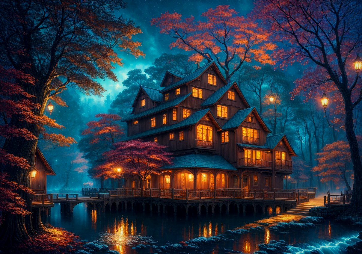 Illuminated Wooden House Surrounded by Water and Autumn Trees