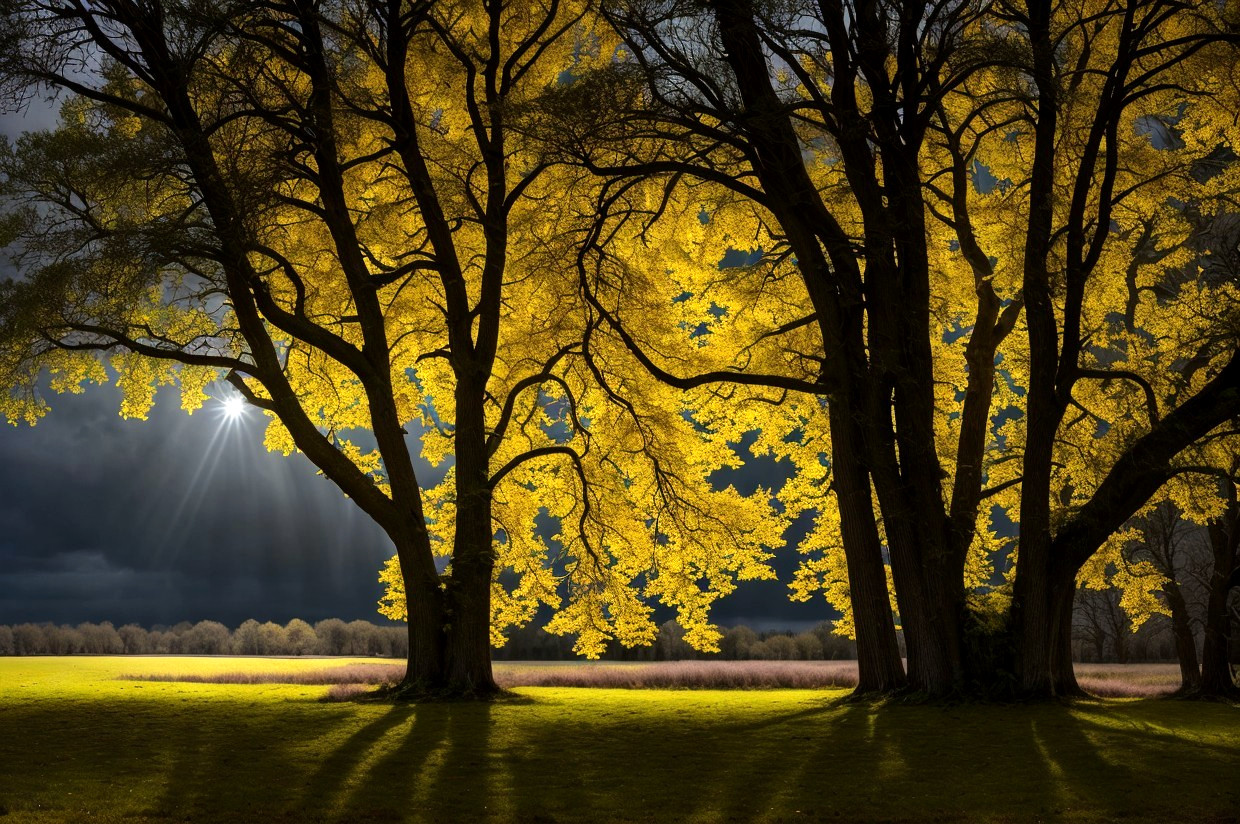 Vibrant yellow leaves on majestic trees in moody landscape
