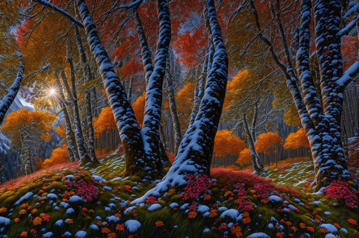 Colorful Autumn Forest with Snow and Sunbeams