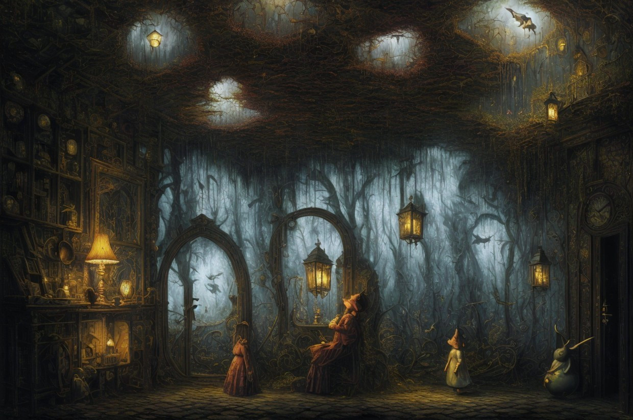 Mystical library with ivy-covered walls and figures in old-fashioned attire