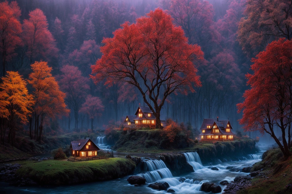 Tranquil river at twilight with waterfalls, autumn trees, and cozy houses