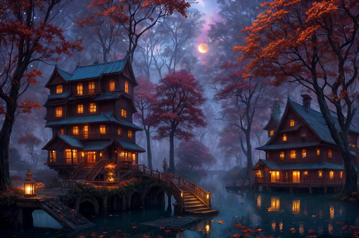 Tranquil lake scene with illuminated wooden houses and autumn trees