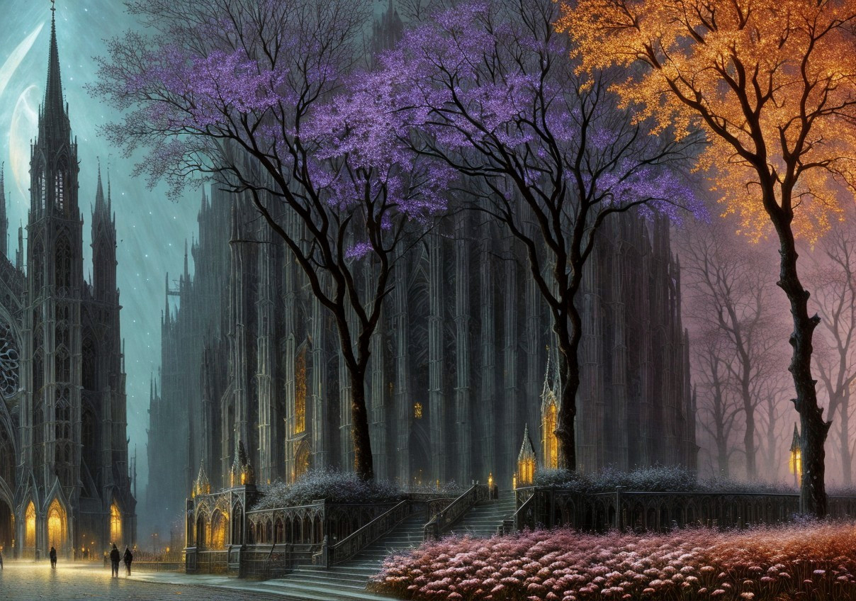 Mystical purple and orange trees with grand Gothic cathedral in foggy sky