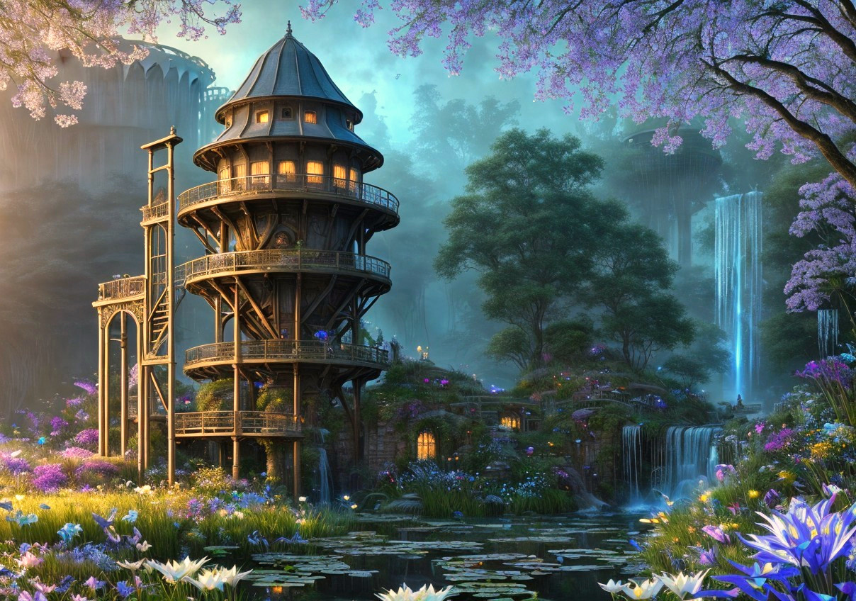 Multi-tiered wooden treehouse in lush forest with waterfalls and serene pond