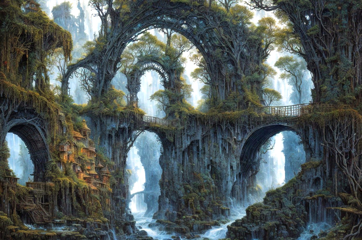 Ancient arched ruins and waterfalls in lush fantasy landscape