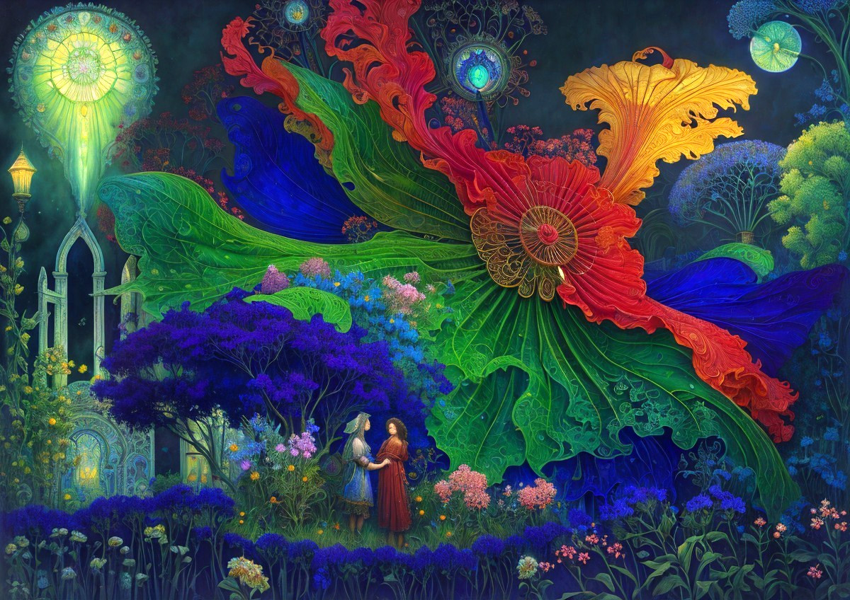 Vibrant oversized flowers in a fantastical garden with glowing structures