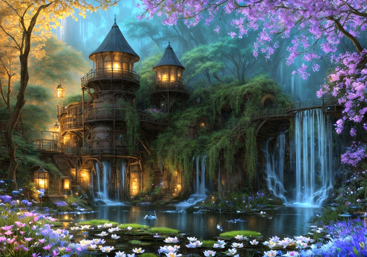 Mystical forest scene with twin waterfalls, treehouse, and radiant blossoms
