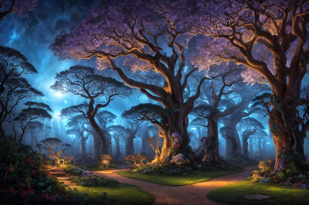 Vibrant purple forest under starry night sky with winding path.