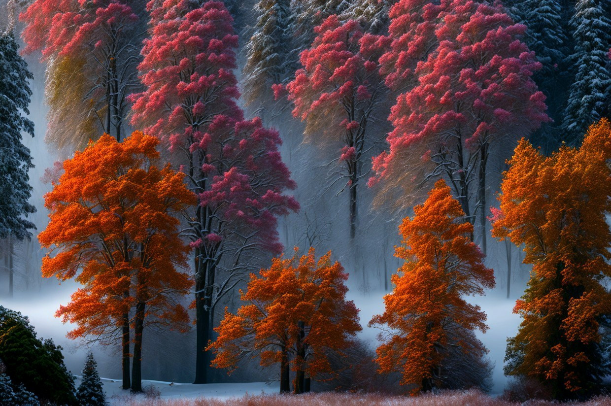 Vibrant orange and pink foliage in snowy forest scene.