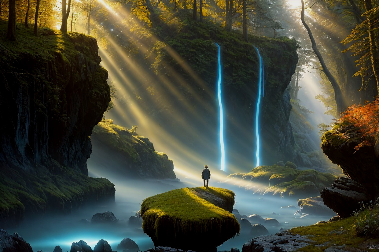 Person standing on moss-covered rock in mystical forest with vibrant waterfall and sunbeams