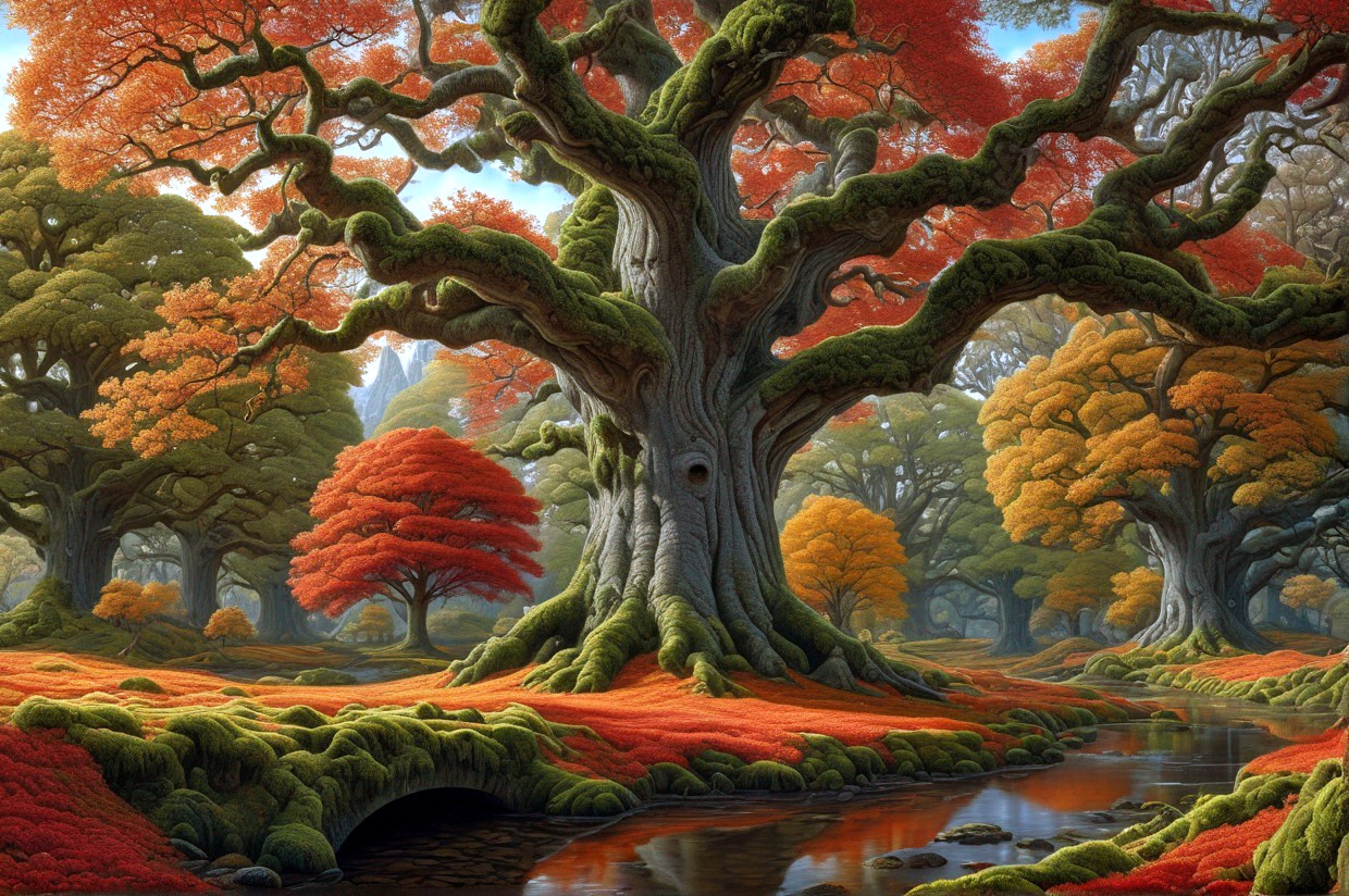 Majestic ancient tree in vibrant forest scene