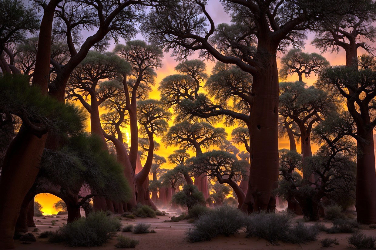 Sunset illuminates majestic baobab trees in dense forest