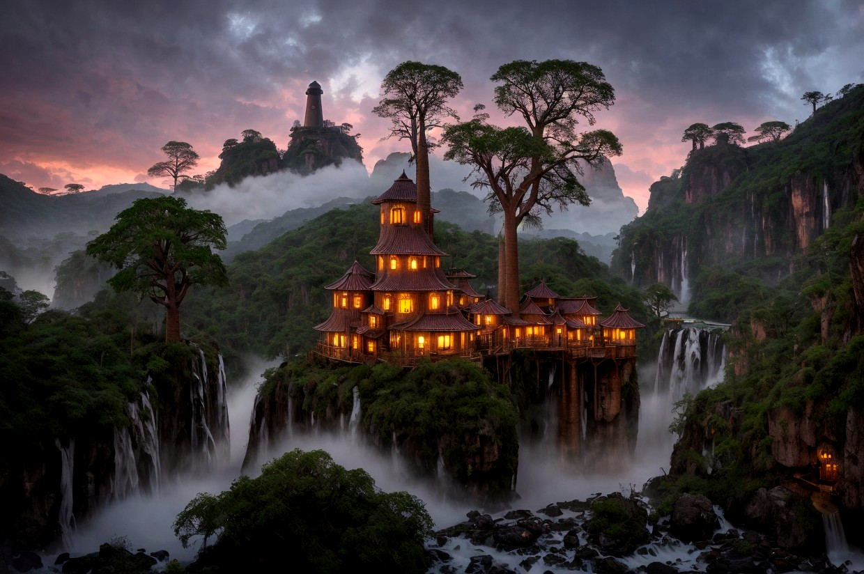 Traditional Asian-style pagoda on waterfall in mystical forest