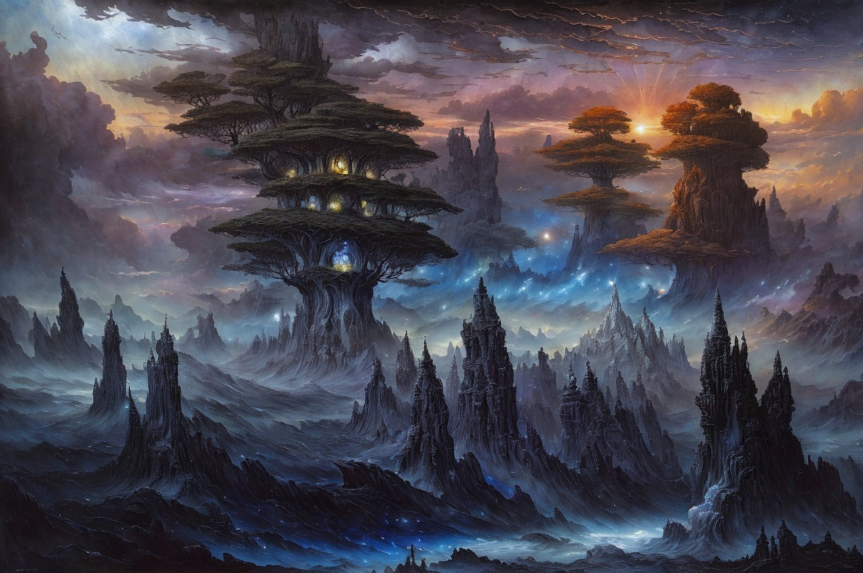 Fantastical landscape with towering tree-like structures and mountains under starry sky & radiant sunrise