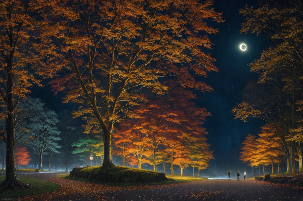 Park Night Scene: Lunar Eclipse, Autumn Trees, Lit Pathway, Moonlit Stroll