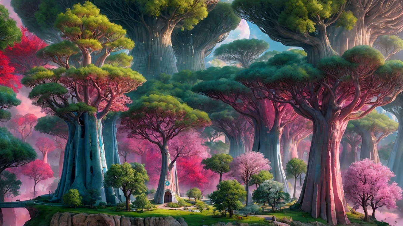 Vibrant Fantasy Landscape with Towering Colorful Trees