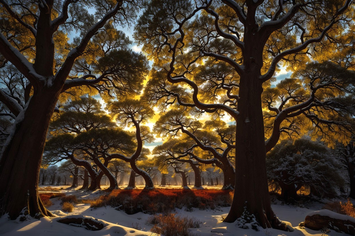 Serene snow-covered forest at sunset with warm light on twisted tree trunks
