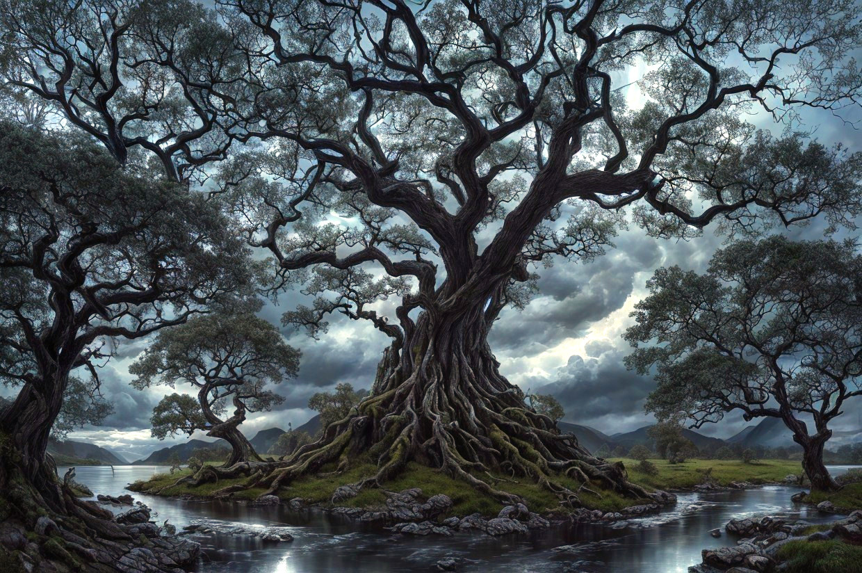 Majestic tree with gnarled roots beside tranquil river under moonlit sky