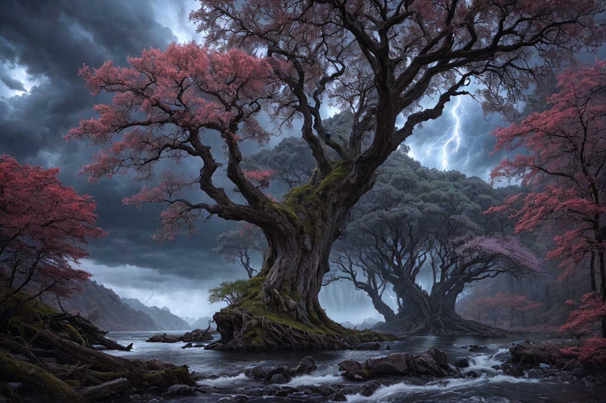 Ancient Trees with Pink Foliage Near Rocky Stream Under Stormy Sky