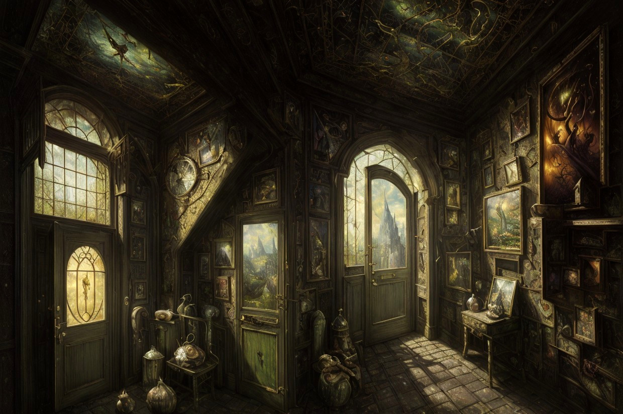 Vintage room with ornate windows, paintings, clock, and antique furniture.