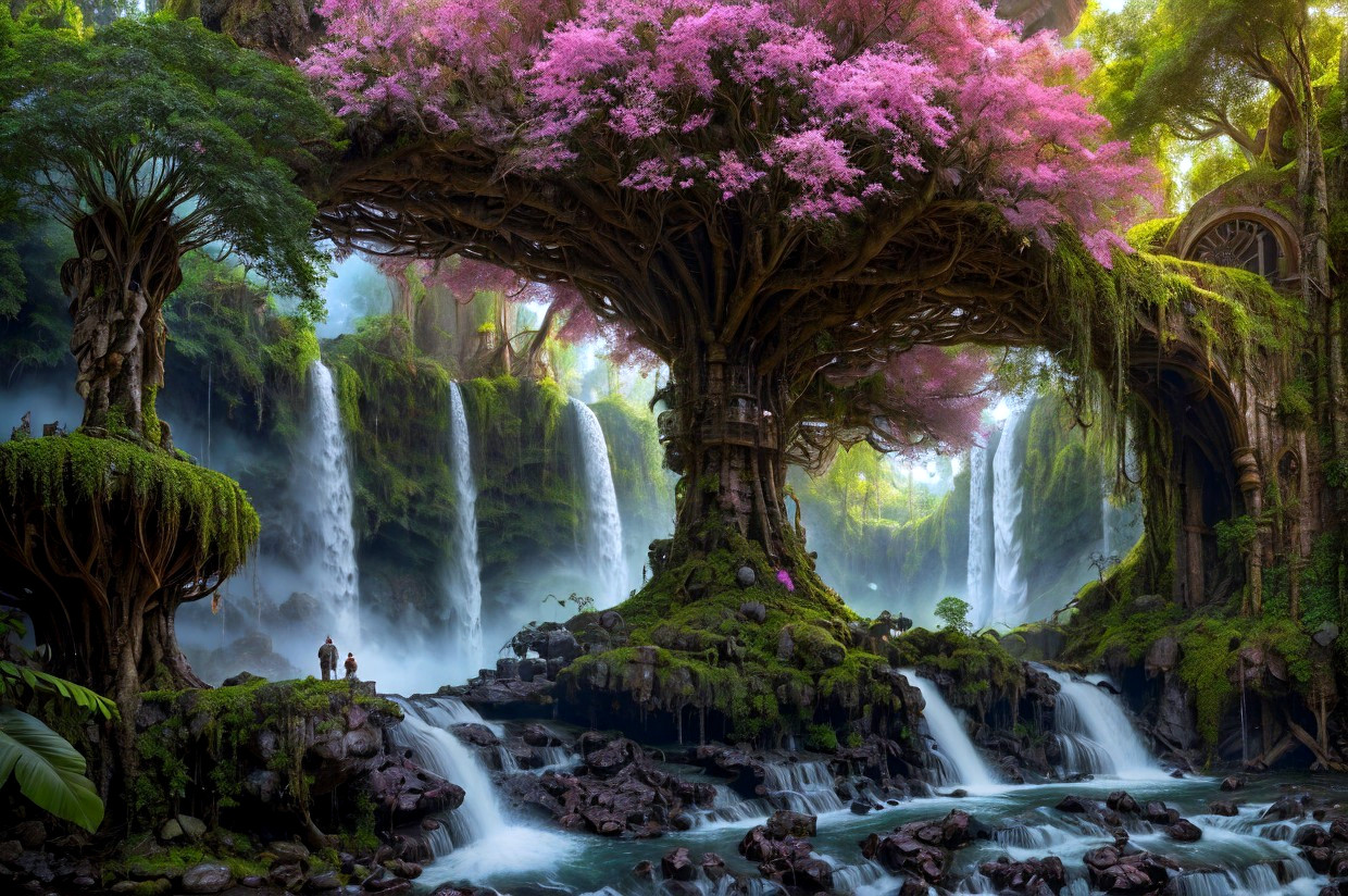 Tranquil forest landscape with pink blossoms, waterfalls, and lush greenery