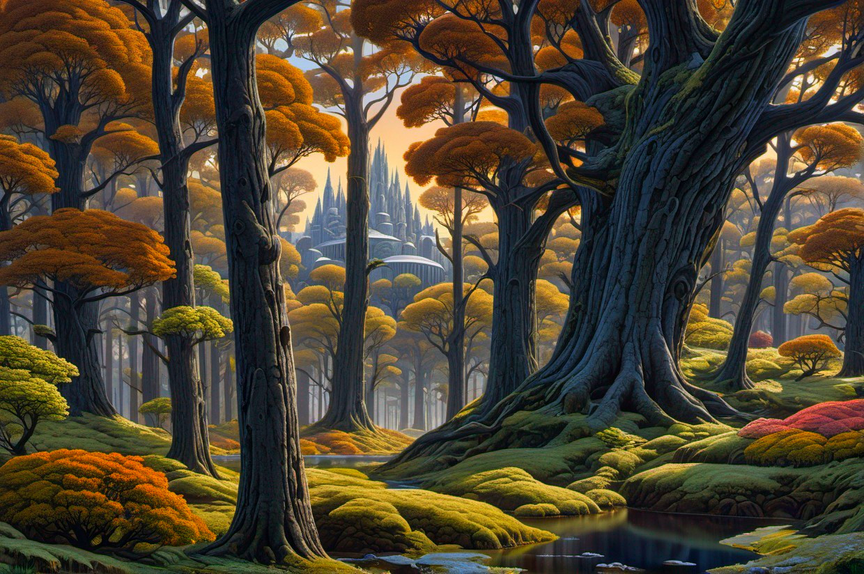 Ethereal forest scene with towering trees and reflective water