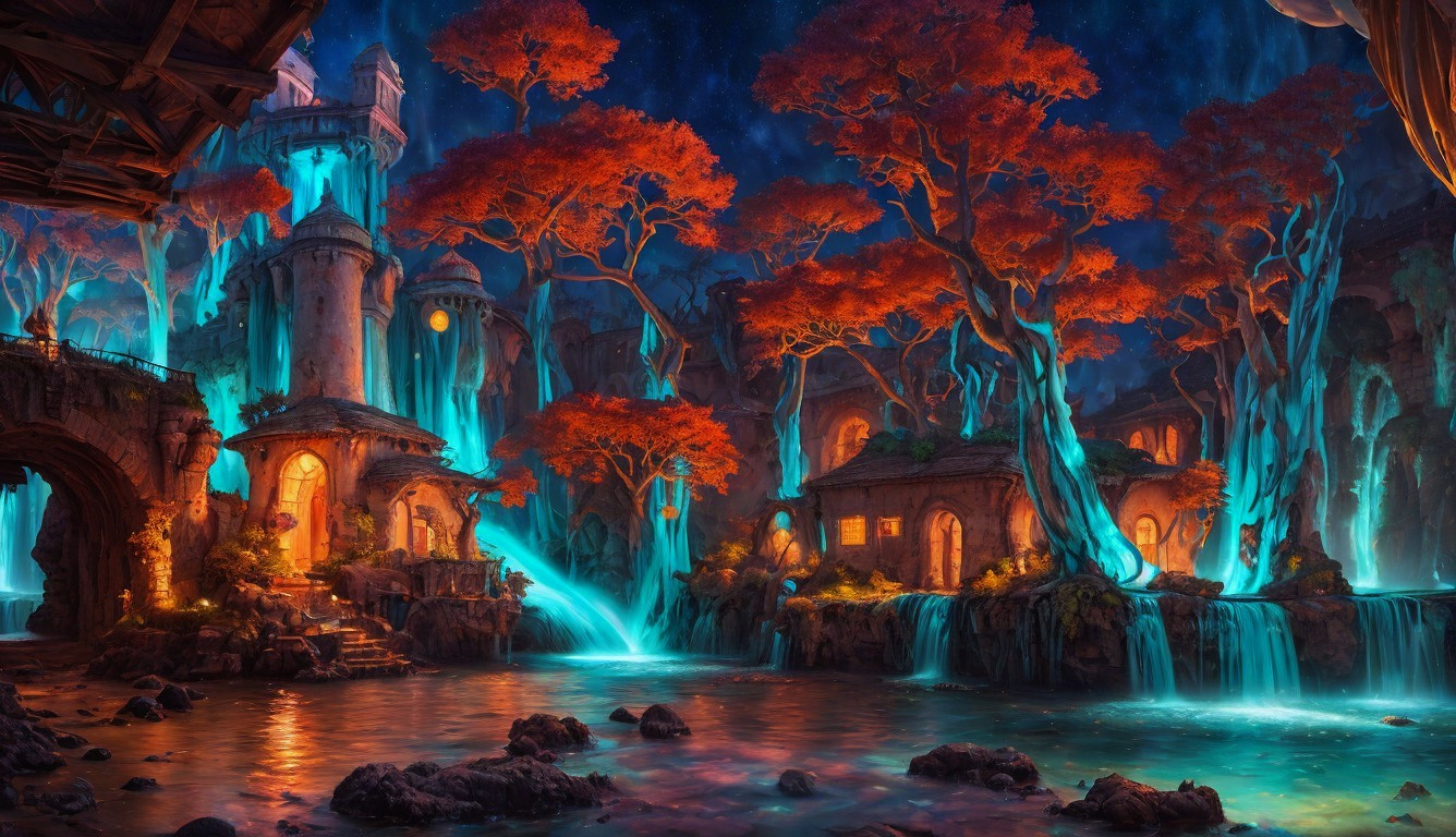 Mystical Landscape with Illuminated Village and Waterfalls