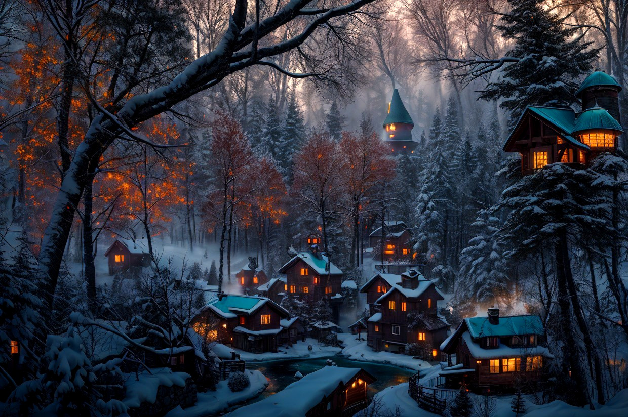 Snow-covered trees and cozy houses in a twilight winter scene