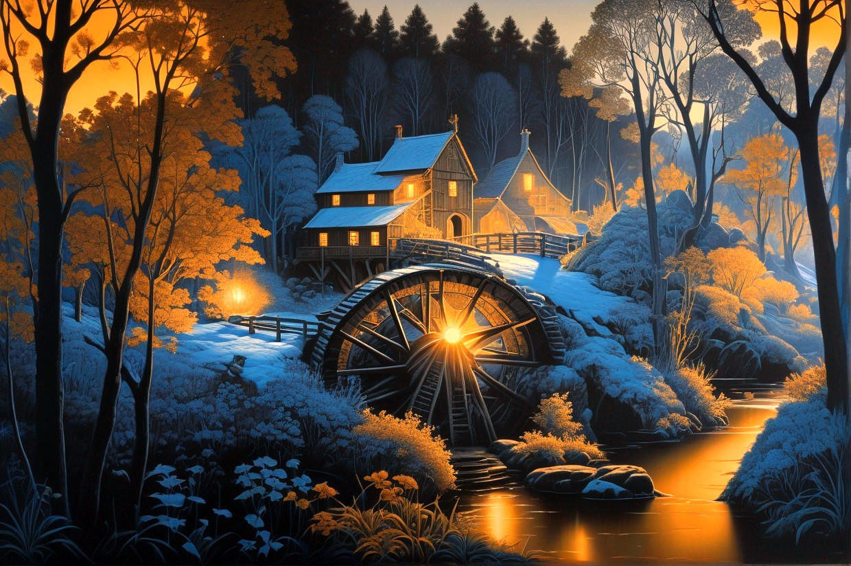 Snow-covered wooden watermill beside stream in tranquil winter landscape