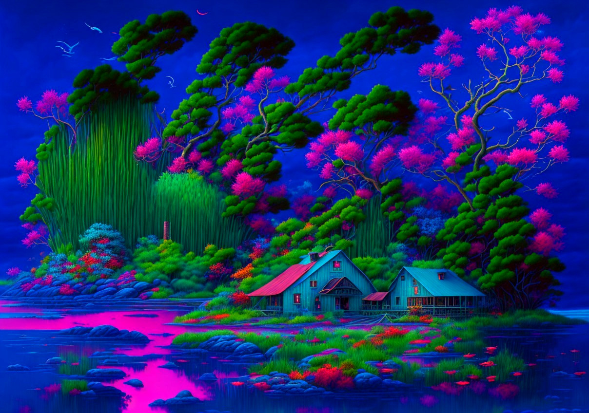 Neon-lit landscape with cottages by lake & fluorescent trees