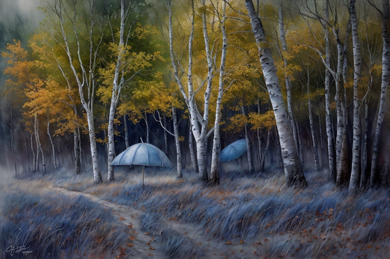 Tranquil autumn forest scene with tents among birch trees
