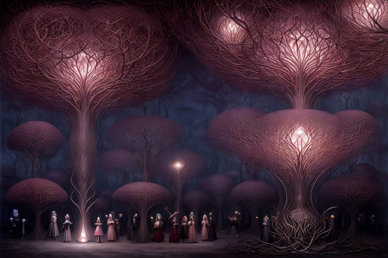 Mystical forest with luminescent trees and robed figures under ethereal light