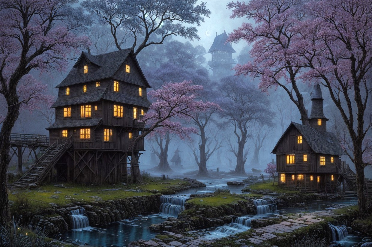 Traditional wooden houses by stream with cherry blossoms and distant castle in mystical evening landscape