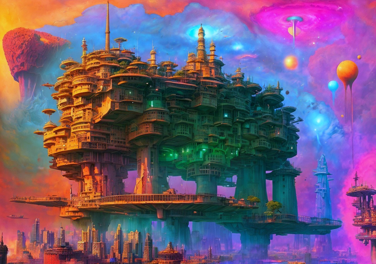 Futuristic cityscape with floating islands and neon lights
