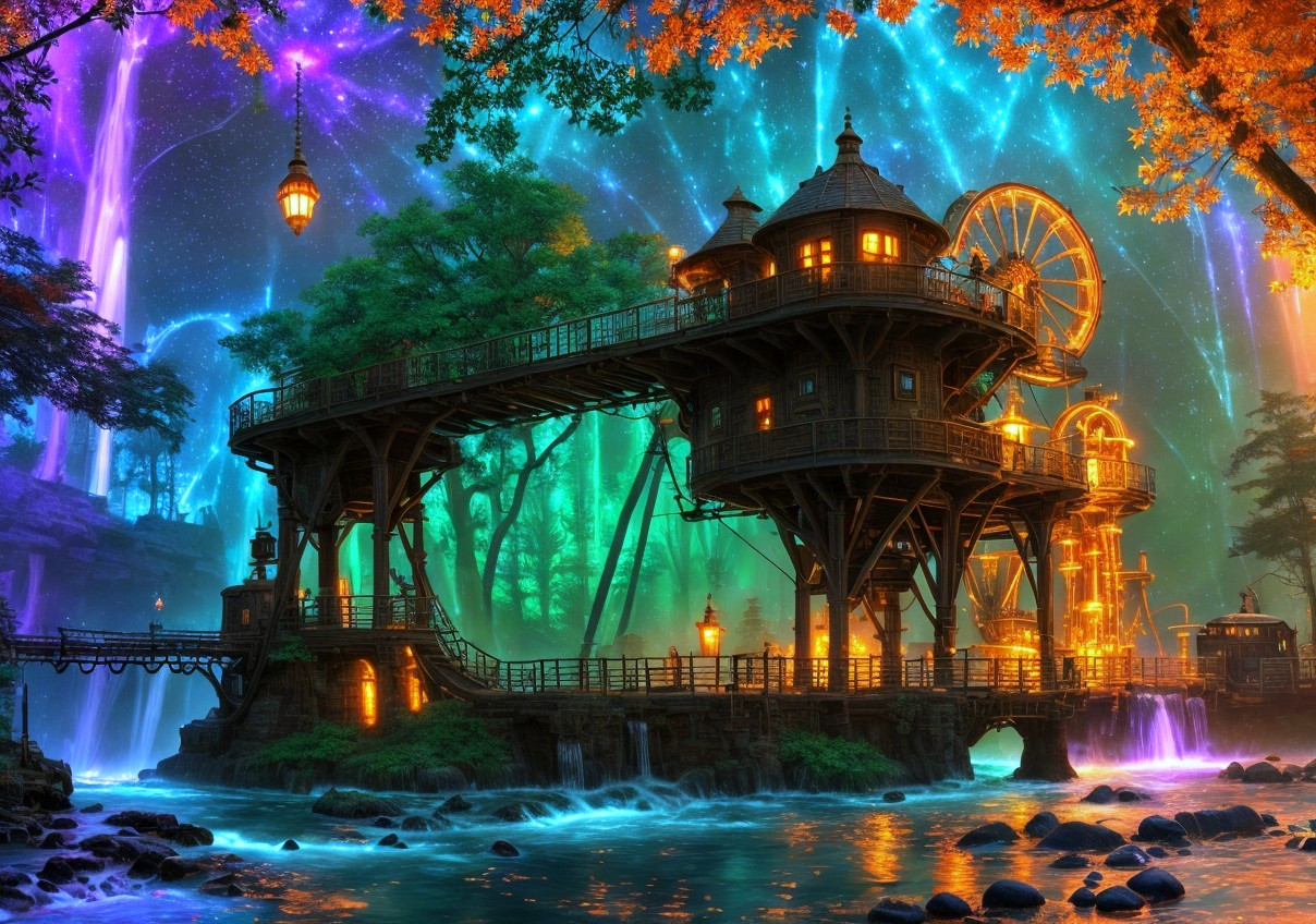 Enchanting treehouse with waterwheel near waterfall under starry sky