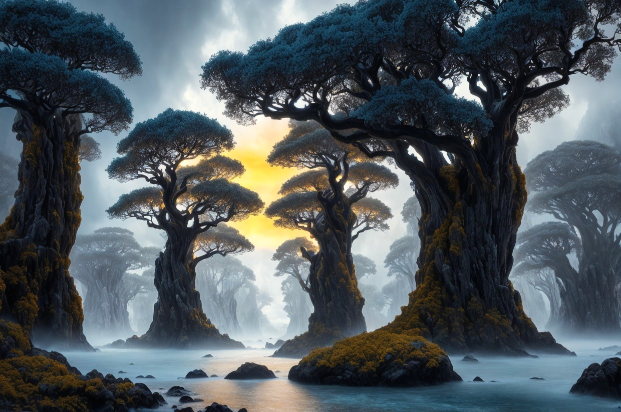 Majestic ancient trees and misty waterway in warm glow