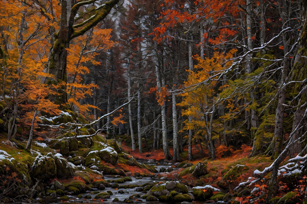 Scenic autumn forest with orange and red leaves, mossy ground, stream, and snow patches