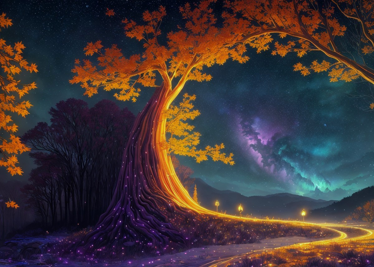 Vibrant Digital Artwork of Twisting Tree at Night