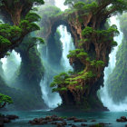 Enchanting forest scene with towering trees and cliff-side houses.