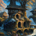 Traditional multi-story house in lush forest with stone bridge and waterfalls
