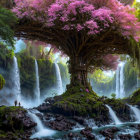 Enchanting forest scene with sunbeams, purple-leafed tree, figures, and glowing