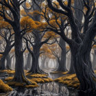 Tranquil forest scene with mist, twisted trees, river, figure, and abandoned cart.