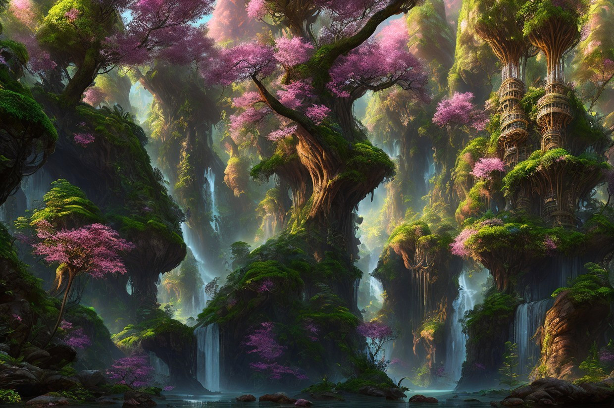 Mystical forest with greenery, waterfalls, pink blossoms in foggy setting