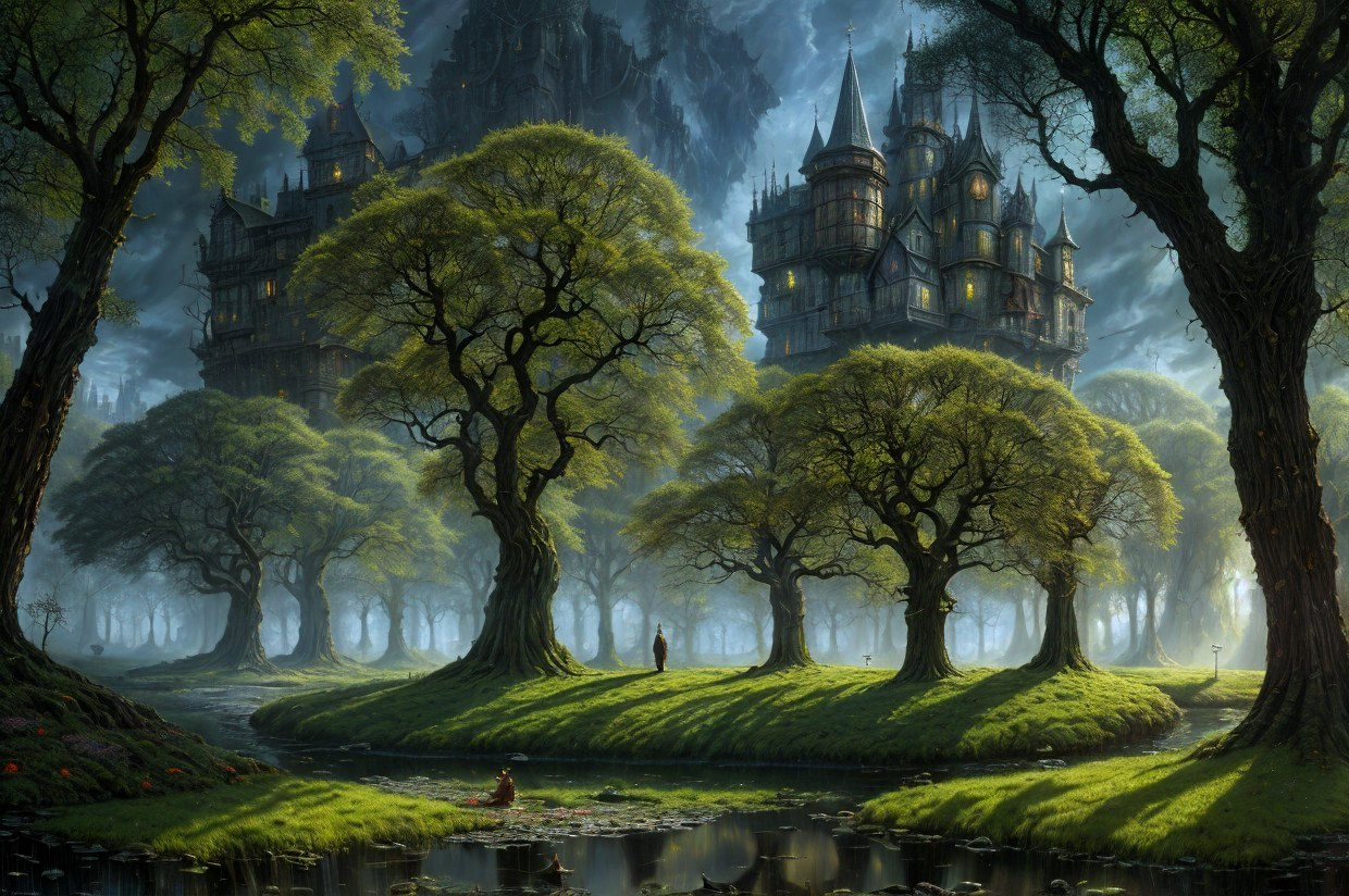 Enchanting forest landscape with castle, sunlight, and figure