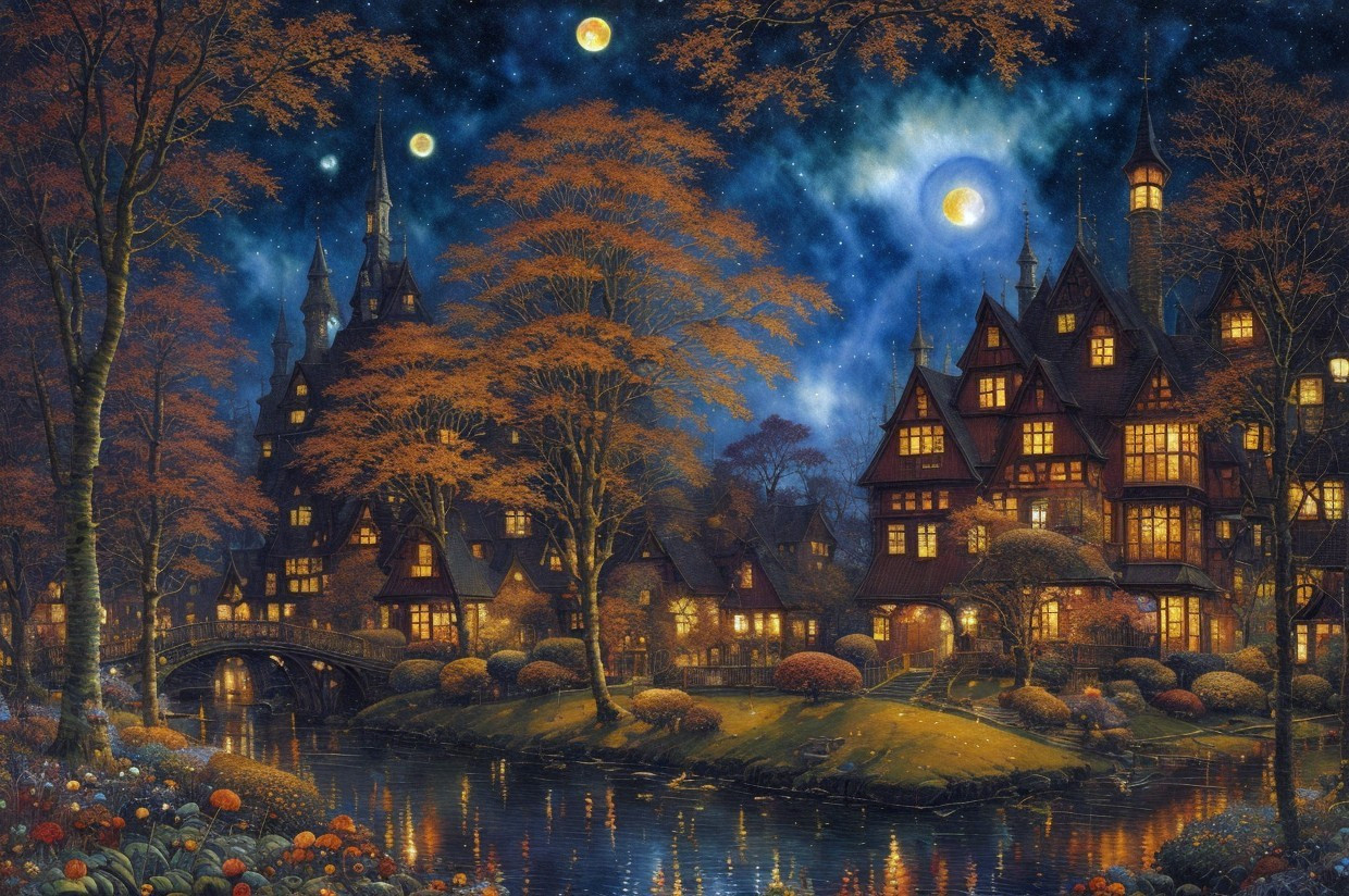 Enchanted evening scene: tudor-style houses, river, stone bridge, autumn trees, star