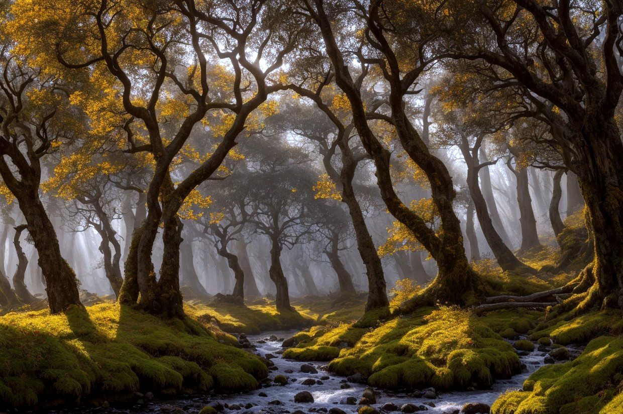 Ethereal forest with twisted trees and moss-covered floor in golden sunlight