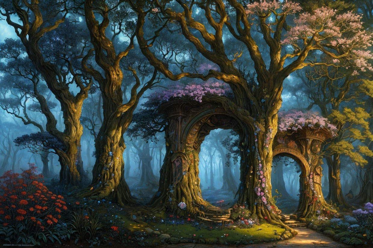 Mystical forest scene with towering trees, arching branches, and vibrant flowers.